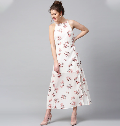 White Floral Print Maxi Dress